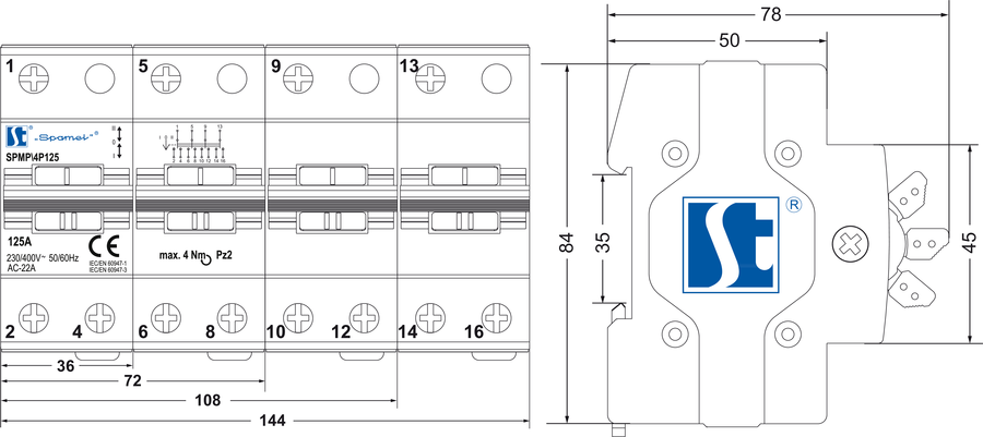 Modular switch Mains-Generator 4-pole SPMP\4P125 - Dimensions