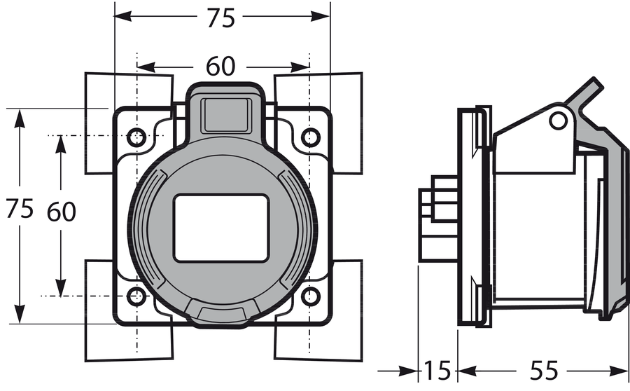 Gniazdo tablicowe proste 32A 3P 230V IP44 - Размеры