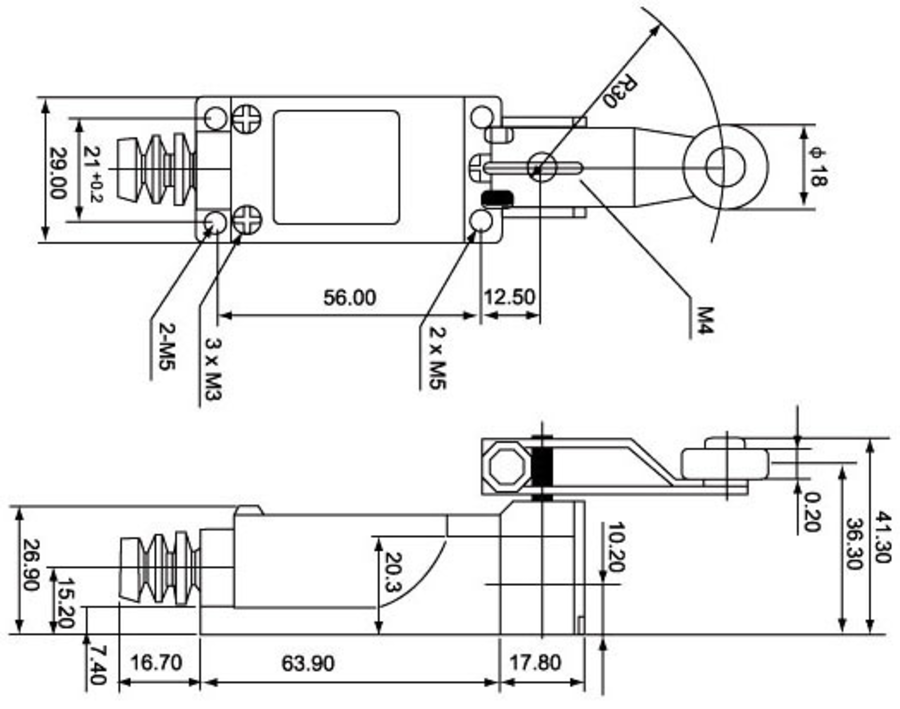 LK\104 Концевой выключатель рычаг с роликом поворотный - Размеры