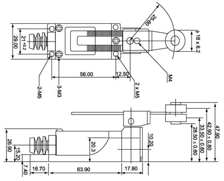 LK\108 Концевой выключатель регулируемый рычаг с роликом поворотный - Размеры