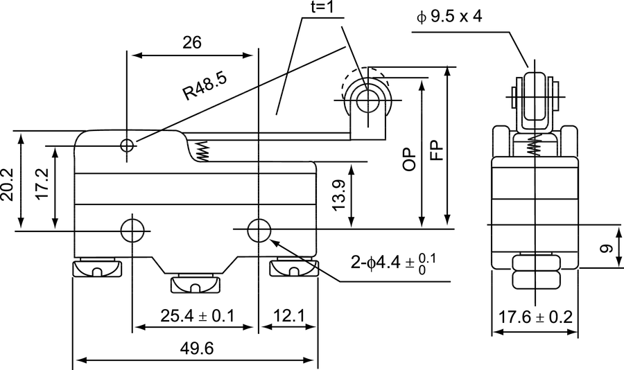 MS\1703 Miniature switch long lever with roller - Dimensions