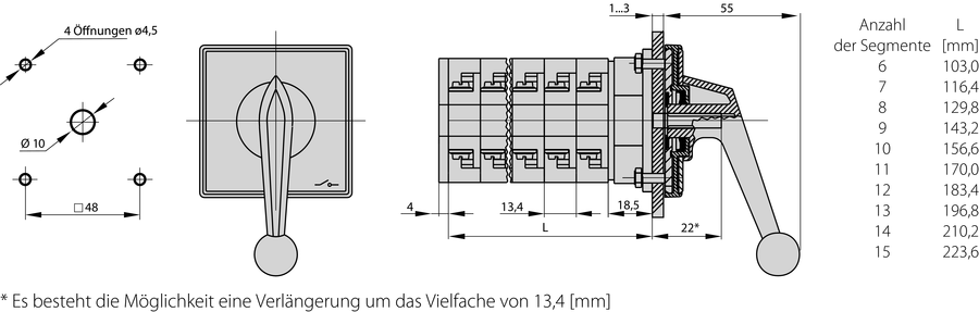 ŁK16R P Nockenschalter, Steuerpultmontage - Maße