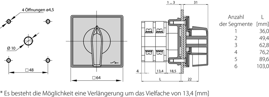 ŁK16R P Nockenschalter, Steuerpultmontage - Maße