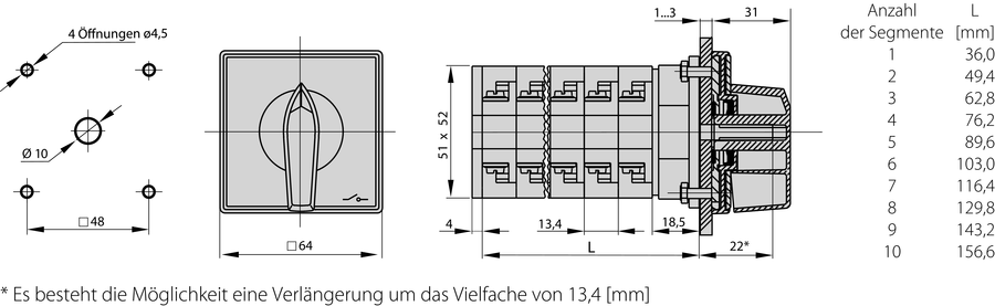 ŁK32R P Nockenschalter, Steuerpultmontage - Maße
