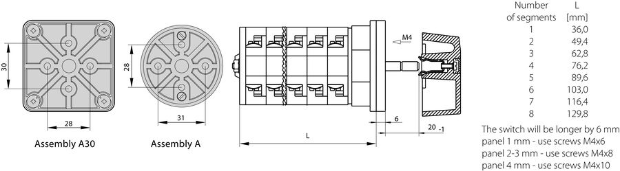 ŁK25R A/A30 Panel-mounted switches with an adaptor - Dimensions