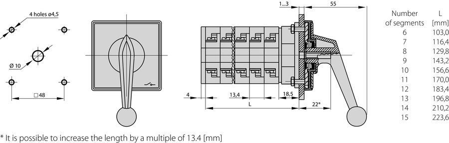 ŁK32R P Cam switches, front mounted - Dimensions