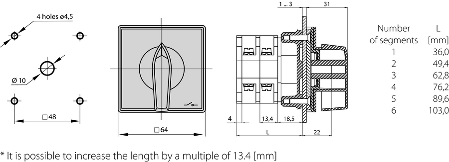 ŁK32R P Cam switches, front mounted - Dimensions