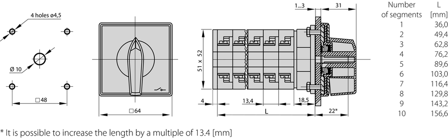 ŁK32R P Cam switches, front mounted - Dimensions
