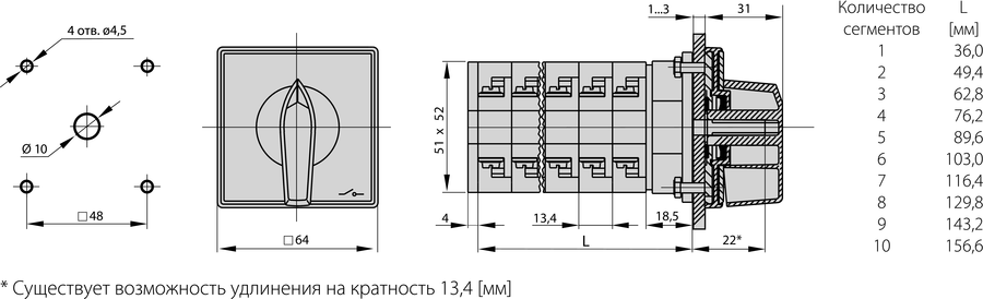 ŁK16R P Кулачковый переключатель с креплением на переднюю панель - Размеры