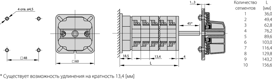 ŁK16R B Кулачковый переключатель с креплением на заднее основание - Размеры