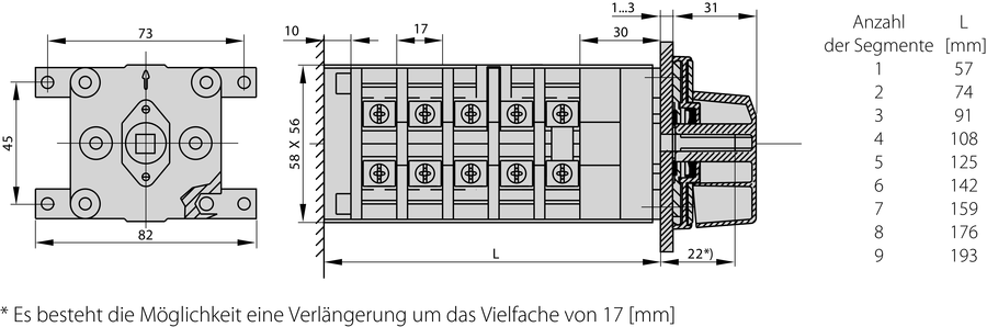 ŁK63 B Nockenschalter, Befestigung an die Basis - Maße