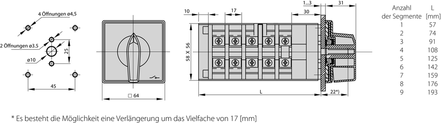 ŁK40 P Nockenschalter, Steuerpultmontage - Maße