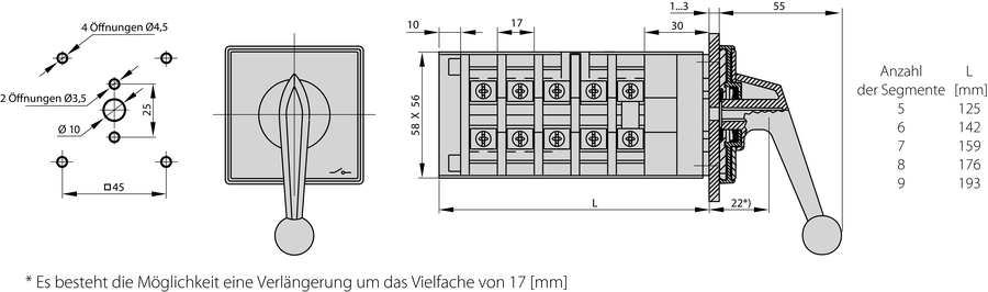 ŁK40 P Nockenschalter, Steuerpultmontage - Maße