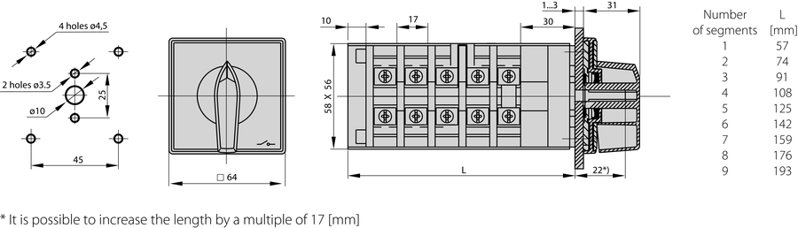ŁK40 P Cam switches, front mounted - Dimensions