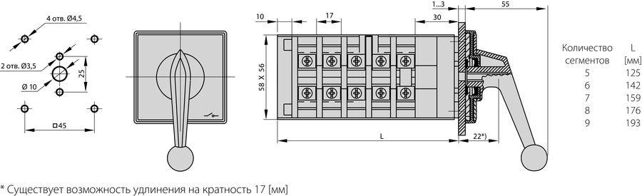 ŁK63 P Кулачковий перемикач з кріпленням на передню панель - Розміри