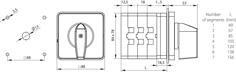 SK125 P Cam switches, front mounted  - Dimensions