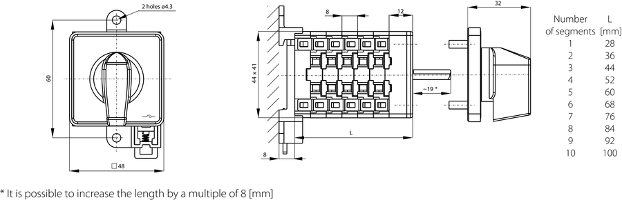 SK20 BS Cam switches, base-rail mounted - Dimensions