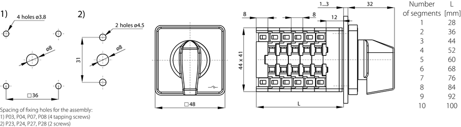 SK10 P Cam switches, front mounted - Dimensions