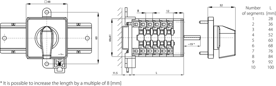 SK20 BS Cam switches, base-rail mounted - Dimensions