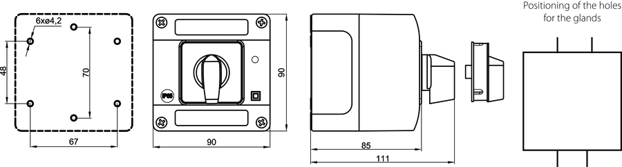 SK10 OB12L Cam switches in enclosure with a lamp - Dimensions