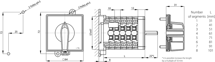 SK32 BS Cam switches, base-rail mounted - Dimensions
