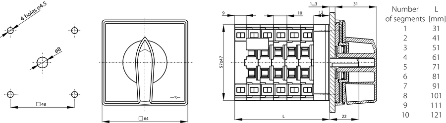 SK25 P Cam switches, front mounted - Dimensions