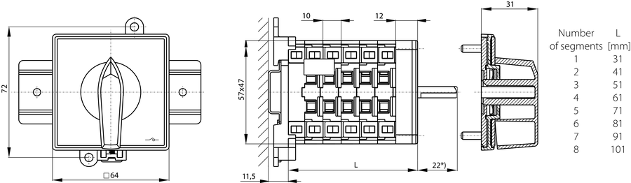 SK25 BS Cam switches, base-rail mounted - Dimensions