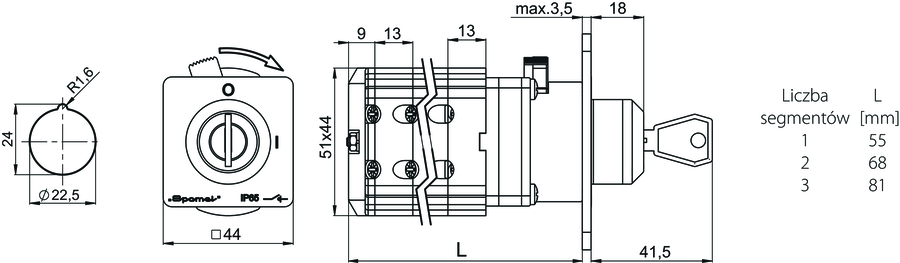 SK16G SA22 Łącznik krzywkowy mocowany do pulpitu w otworze ø22 pokrętny kluczem - Wymiary
