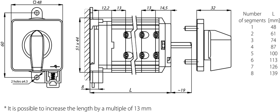 SK16G BS Cam switches, base-rail mounted - Dimensions