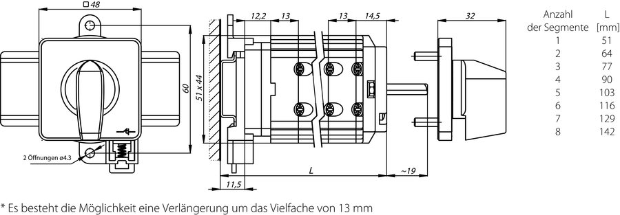 SK10G BS Nockenschalter, Befestigung an die Basisschiene  - Maße