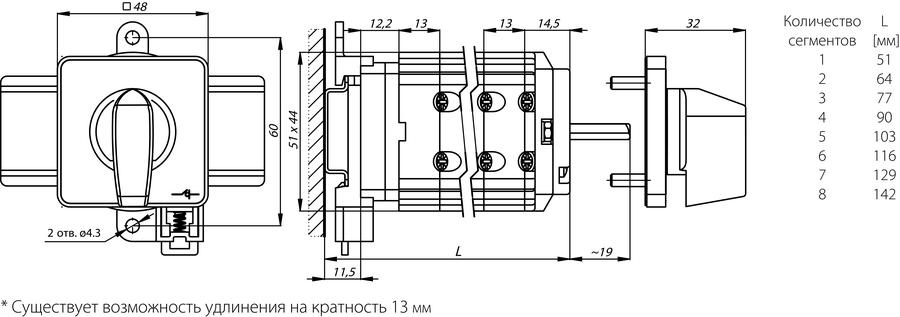 SK10G BS Кулачковый переключатель с креплением на заднее основание и на дин-рейку - Размеры