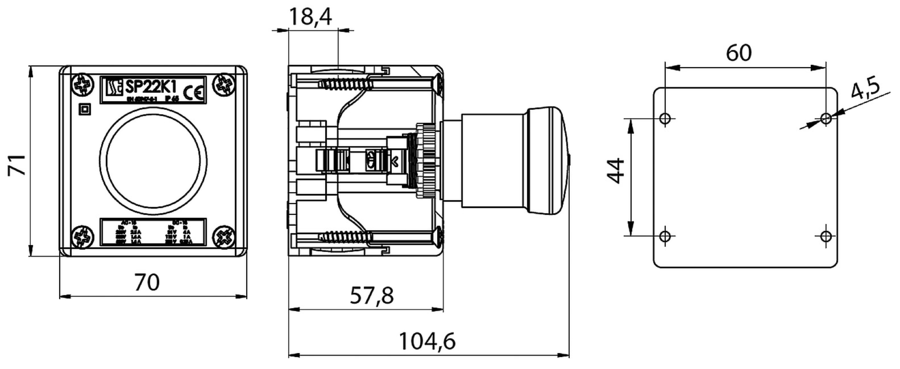 K1 control station with an emergency push button SP22K1C\BN - Розміри