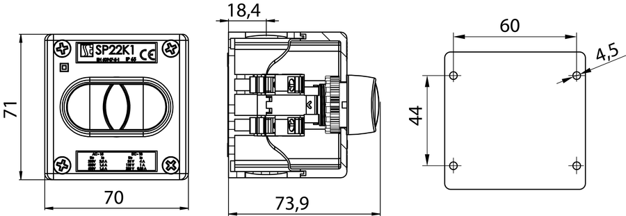 K1 control station with twin pushbutton SP22K1\21, 22 - Dimensions
