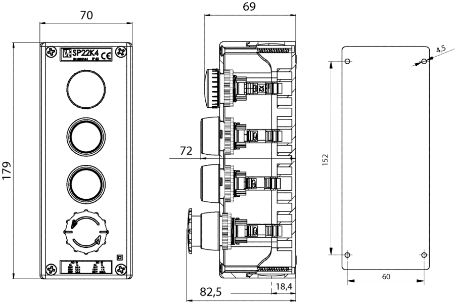 K4 control station SP22K4\03,04,05,06,07 - Dimensions