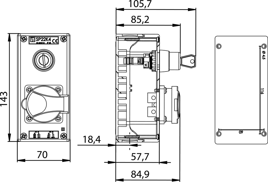 K3 control station with SP22-SAA button and VZ16 230V socket - Dimensions