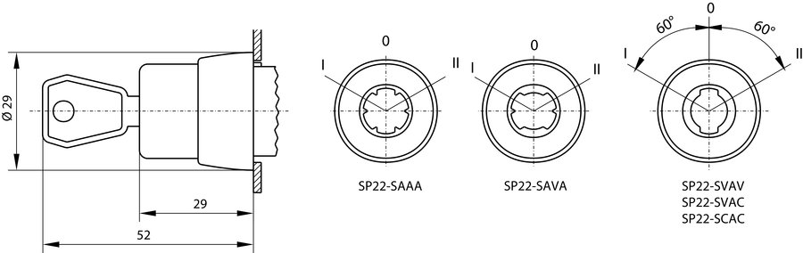 Key-operated 3-position selector switch actuator S - Dimensions