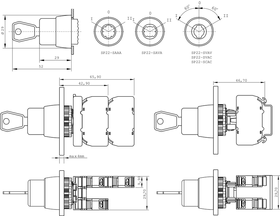 Complete key-operated 3-position selector switch S - Dimensions