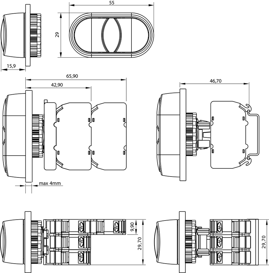 Complete illuminated twin pushbutton 2KL - Dimensions