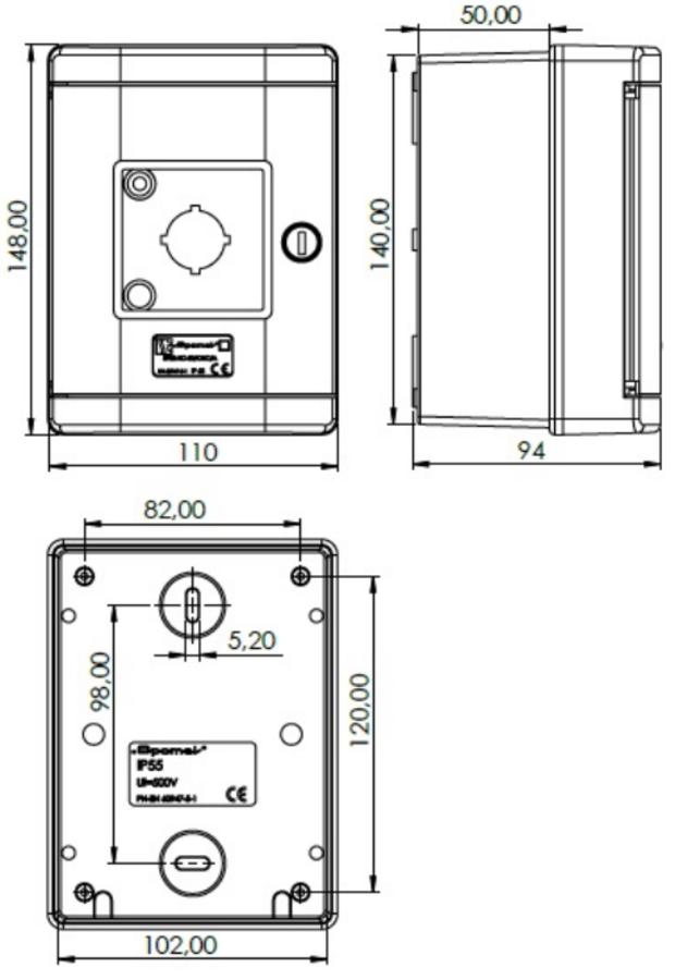 Pushbutton SP22 in break glass box - Dimensions