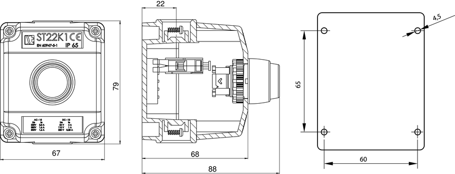 K1 control station with STOP pushbutton ST22K1\03 - Dimensions