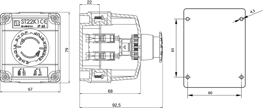 Steuergehäuse K1 mit Komplett-Taster mit dem STOPP-Knopf SP22K1\08 - Maße