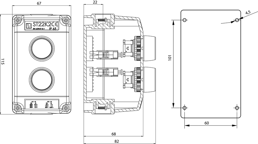 Пост керування K2 з кнопками СТАРТ-СТОП ST22K2\01 - Розміри