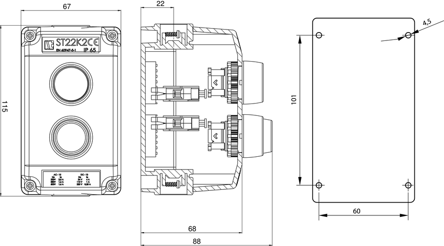 Пост керування K2 з кнопками СТАРТ-СТОП ST22K2\02 - Розміри