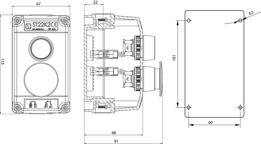 Пост керування K2 з кнопками СТАРТ-СТОП ST22K2\03 - Розміри