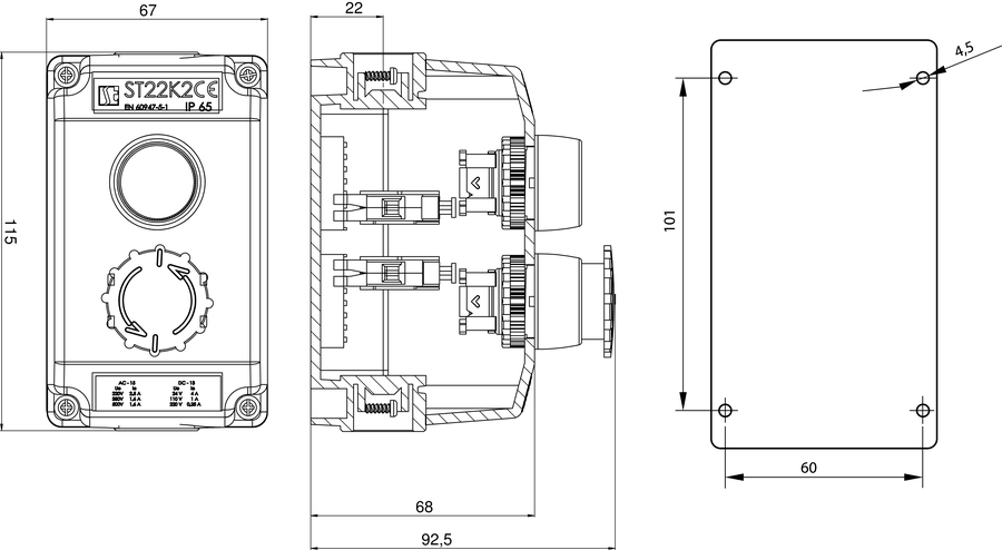 Пост керування K2 з кнопками СТАРТ-СТОП ST22K2\04 - Розміри