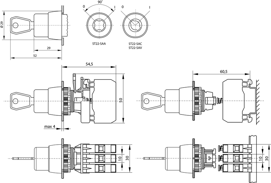 Complete key-operated 2-position selector switch S - Dimensions