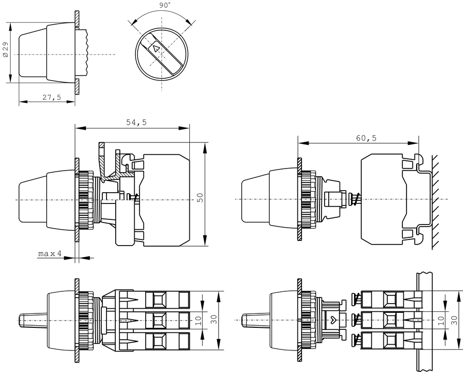 Complete knob-operated 2-position selector switch P - Dimensions