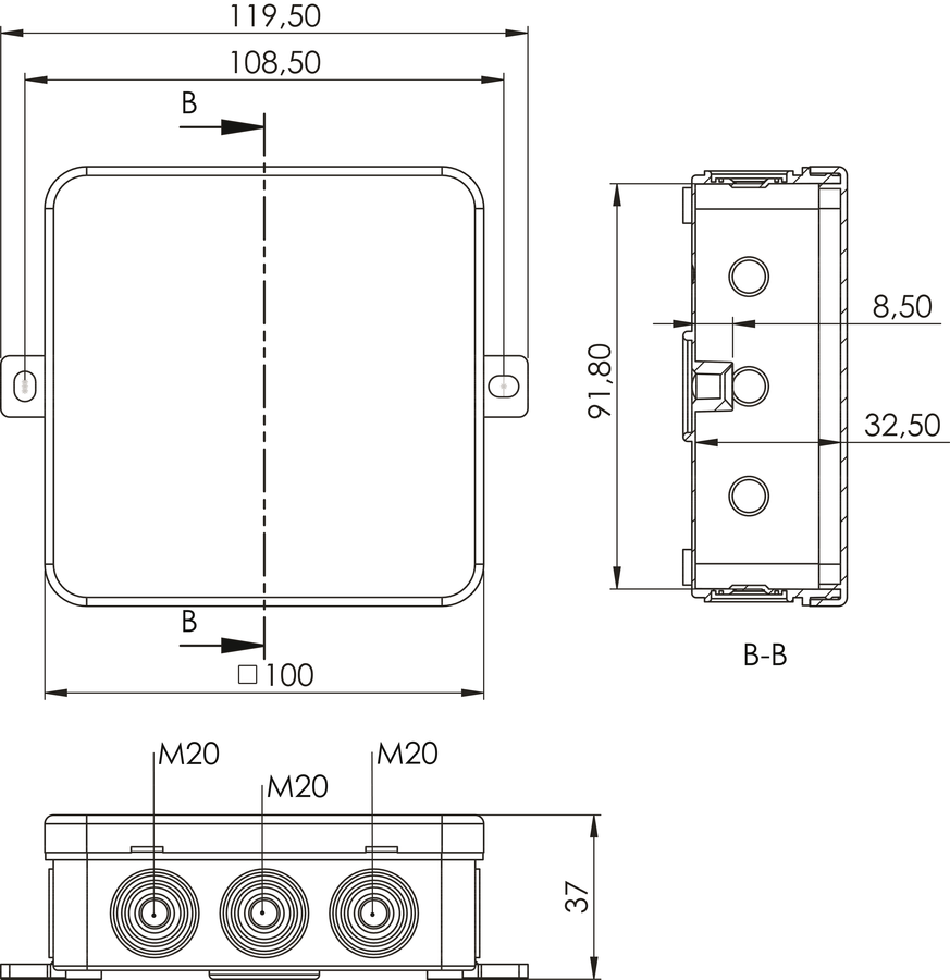 E114 - Коробка распределительная настенная IP54 100 x 100 x 40 мм - Размеры