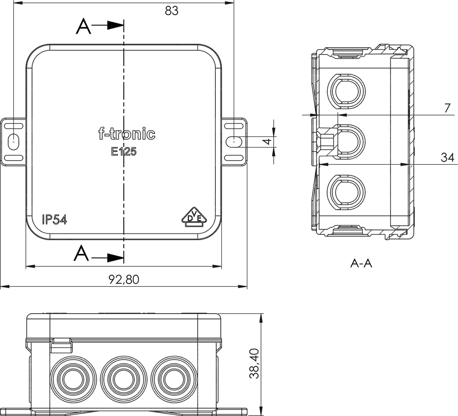 E125 - Коробка розподільна настінна IP54 75 x 75 x 40 мм - Розміри