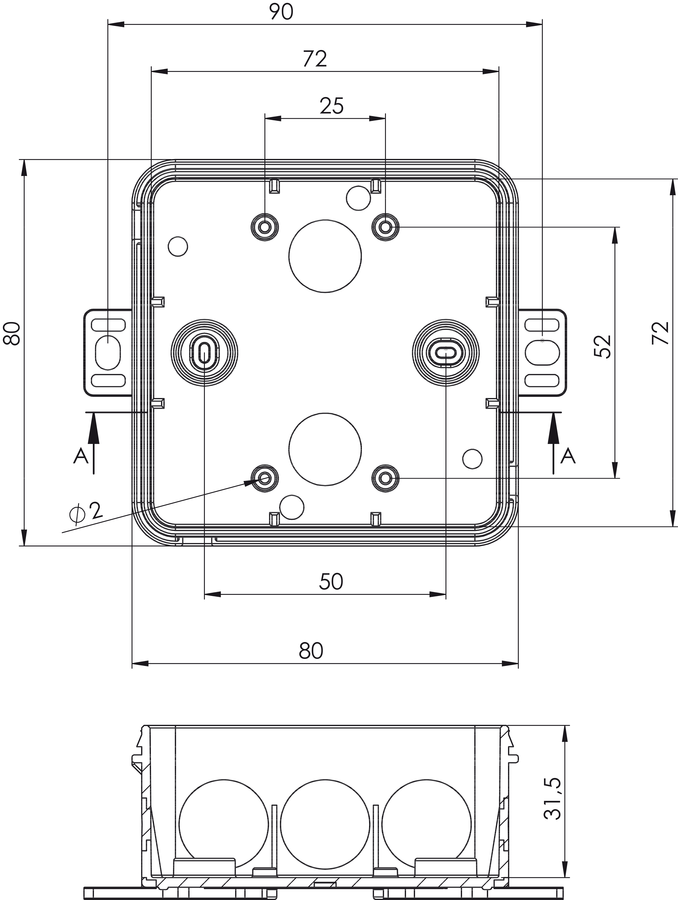 E1200 - Puszka odgałęźna naścienna IP55 80 x 80 x 37 mm - Wymiary